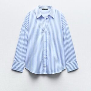 Zara Blue and White Striped Button-Up Shirt